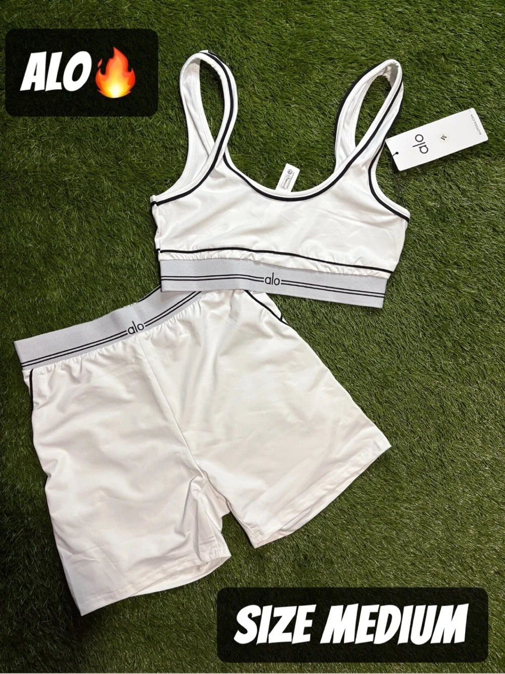 ALO Yoga White & Black Trim Sports Bra and Shorts Set